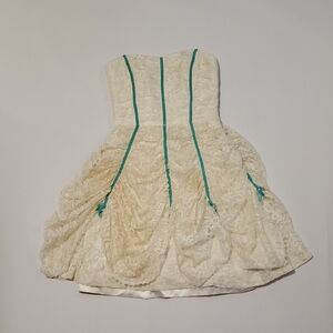 Vintage Y2K Betsey Johnson Ivory Lace Teal Ribbon Strapless Mini Dress